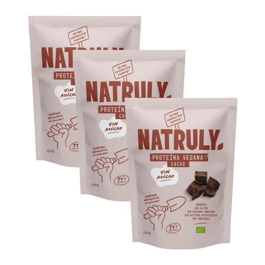 Envase de Natruly PROTEÍNA VEGANA Chocolate 350 g BIO - Pack 3x, proteína vegana