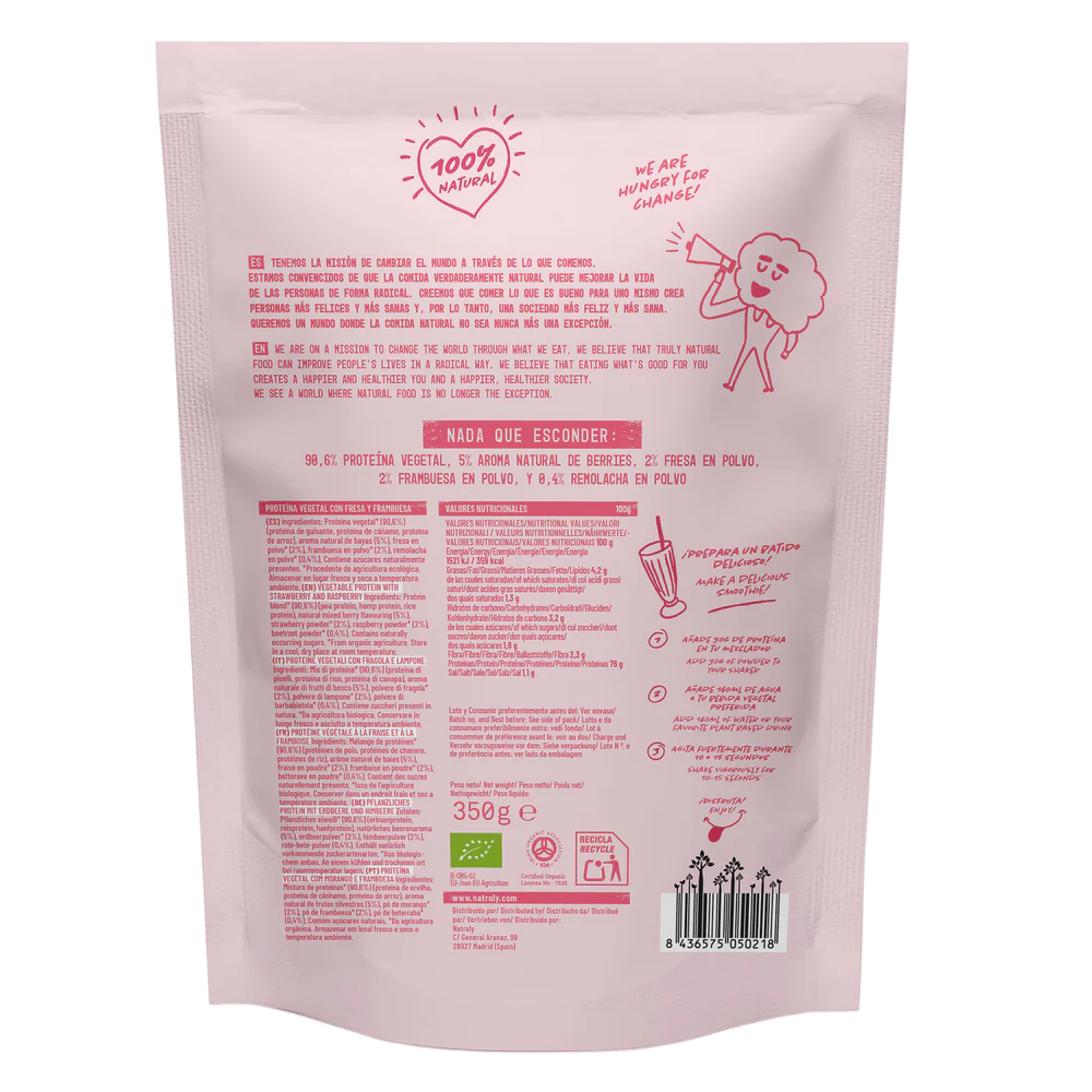 Envase de Natruly PROTEÍNA VEGANA Frambuesa y Fresa 350 g BIO - Pack 3x, proteína vegana