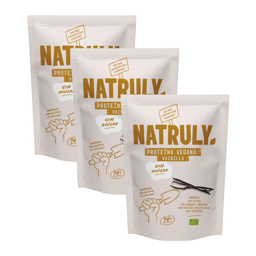 Envase de Natruly PROTEÍNA VEGANA Vainilla 350 g BIO - Pack 3x, proteína vegana