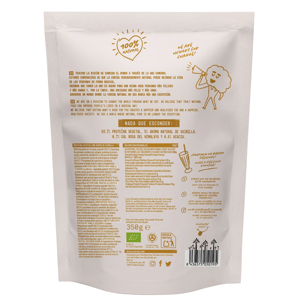 Envase de Natruly PROTEÍNA VEGANA Vainilla 350 g BIO - Pack 3x, proteína vegana