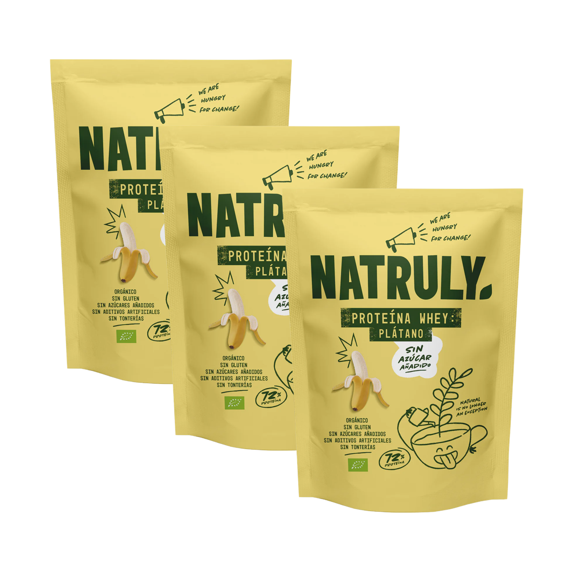 Envase de Natruly PROTEÍNA WHEY Plátano 350 g BIO - Pack 3x, proteína whey