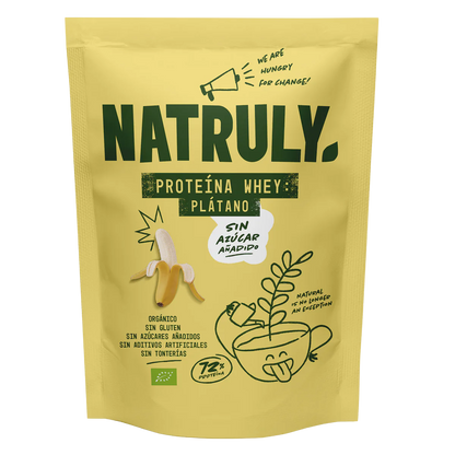 Envase de Natruly PROTEÍNA WHEY Plátano 350 g BIO, proteína whey