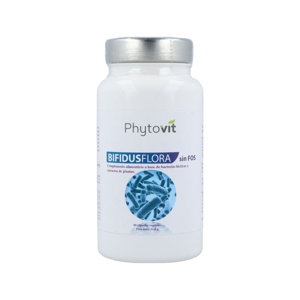 Envase de Phytovit BIFIDUSFLORA sin FOS 60 cápsulas, suplemento alimenticio