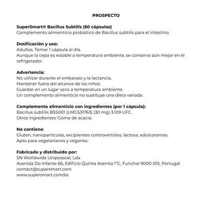 Envase de Supersmart BACILLUS SUBTILIS 60 cápsulas, suplemento alimenticio