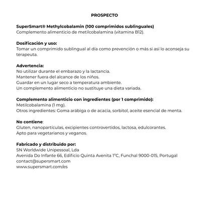 Envase de Supersmart METHYLCOBALAMIN (Vitamina B12) 100 comprimidos sublinguales, suplemento alimenticio