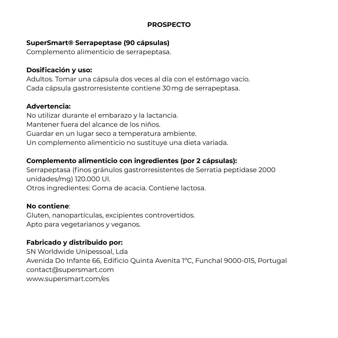 Envase de Supersmart SERRAPEPTASA 90 cápsulas, suplemento alimenticio