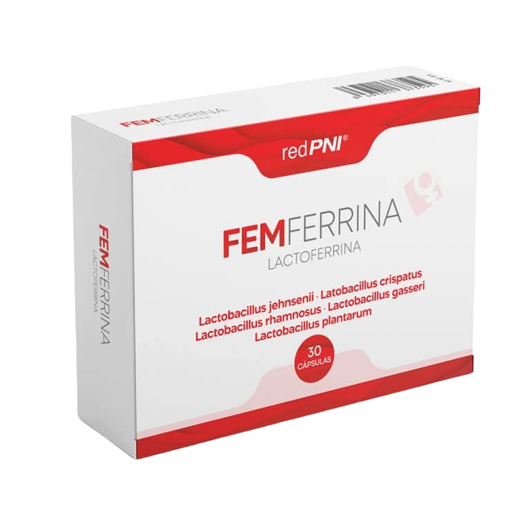Envase de RedPNi Femferrina (Mucofem) 30 cápsulas, suplemento alimenticio