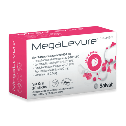 Envase de Salvat MEGALEVURE sabor fresa 10 sticks, suplemento alimenticio