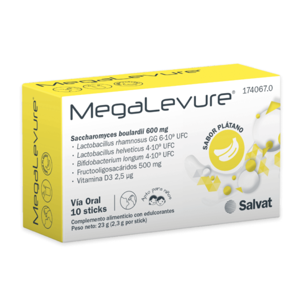 Envase de Salvat MEGALEVURE sabor plátano 10 sticks, suplemento alimenticio