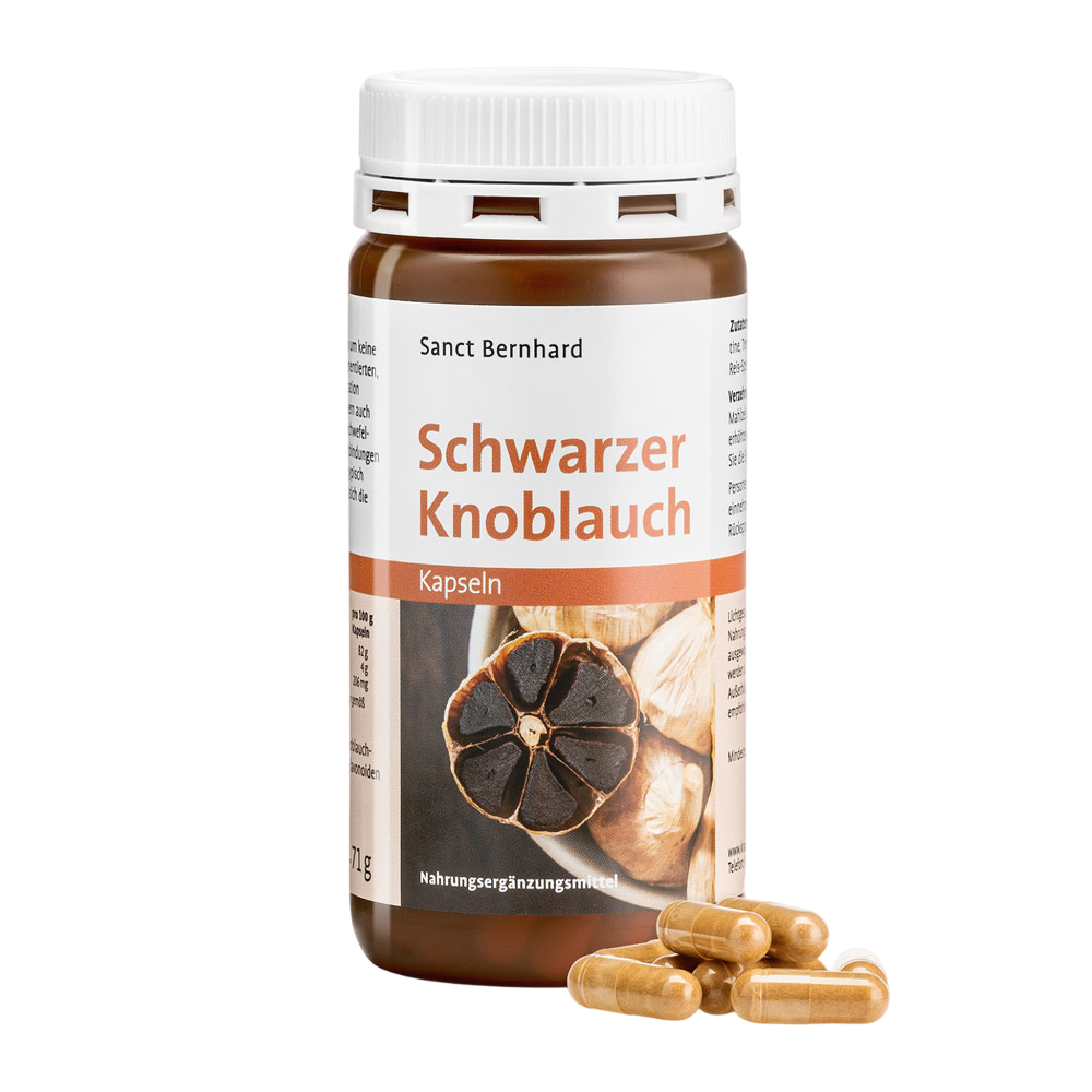 Envase de Sanct Bernhard AJO NEGRO 120 cápsulas, suplemento alimenticio