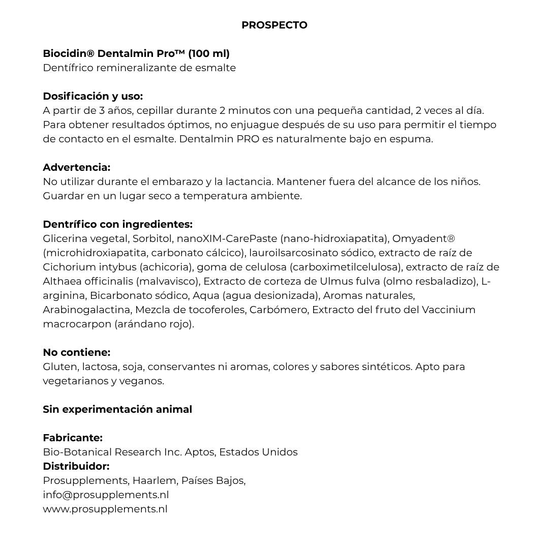 Envase de Biocidin DENTALMIN Pro 100 ml pasta de dientes (remineralizante del esmalte), suplemento alimenticio