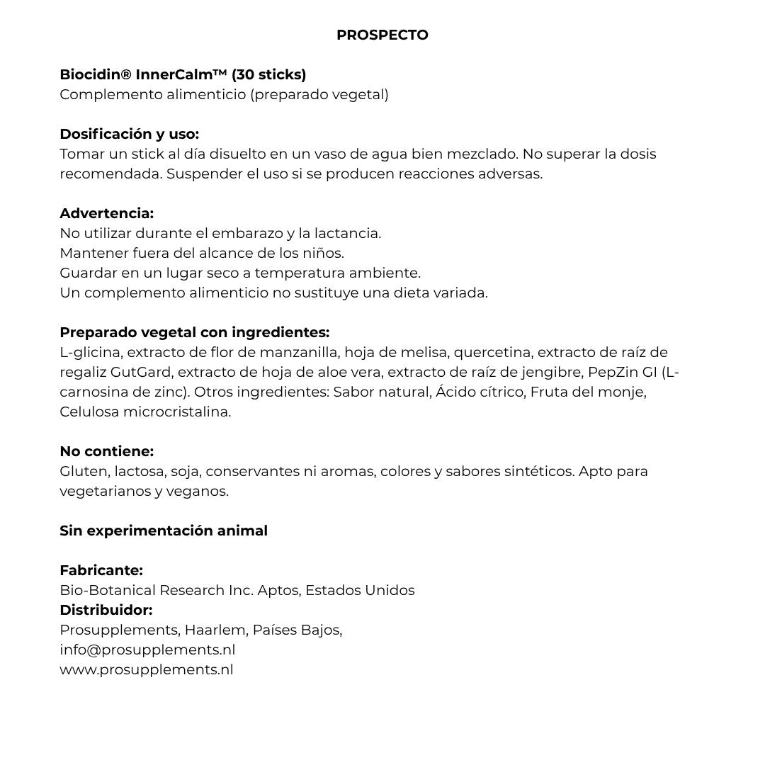Envase de Biocidin G.I. InnerCalm (CALMA INTERIOR GASTROINTESTINAL) 30 Sticks, suplemento alimenticio