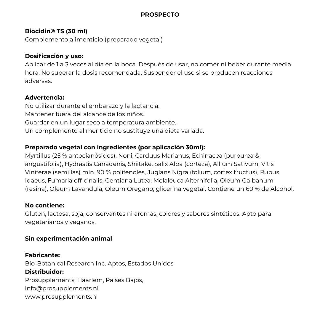 Envase de Biocidin TS 30 ml spray de garganta, suplemento alimenticio