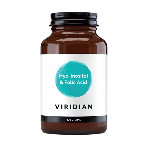 Envase de Viridian MYO-INOSITOL y ÁCIDO FÓLICO en polvo 120 g, suplemento alimenticio